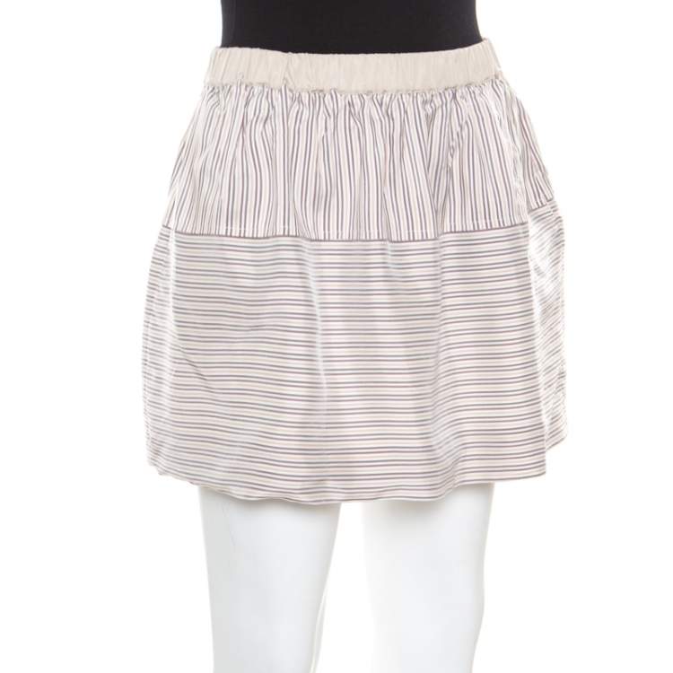 Pre Owned Louis Vuitton Beige Striped Silk Logo Elasticized Waist Mini Skirt M
