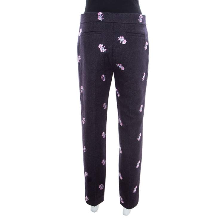 Pre Owned Louis Vuitton Indigo Floral Embroidered Wool Tailored Pants M