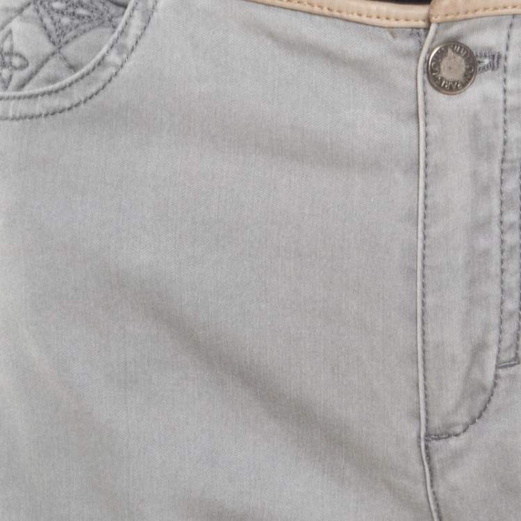 Pre Owned Louis Vuitton Grey Quilted Monogram Embroidered Stretch Jeans L
