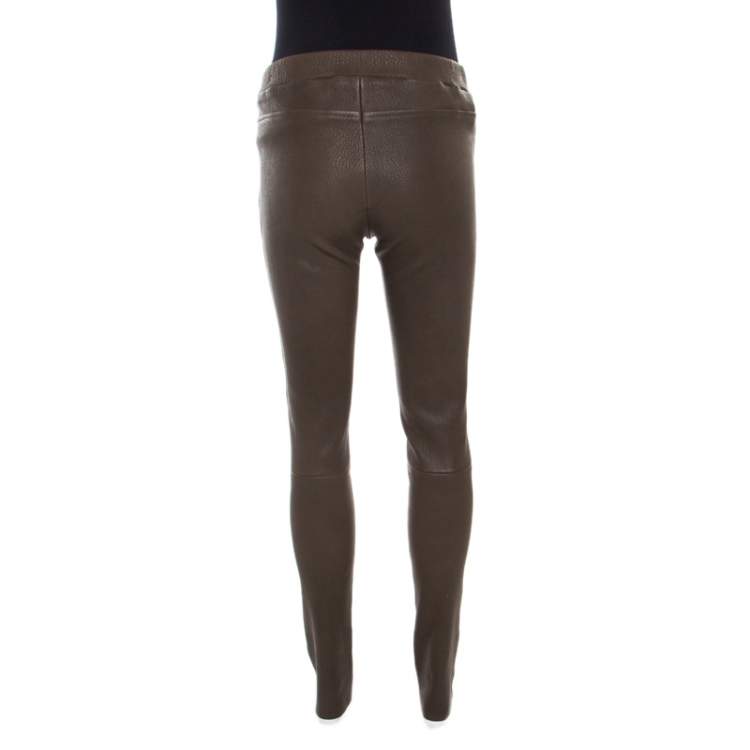 Pre Owned Louis Vuitton Olive Green Textured Lamb Leather Pants M