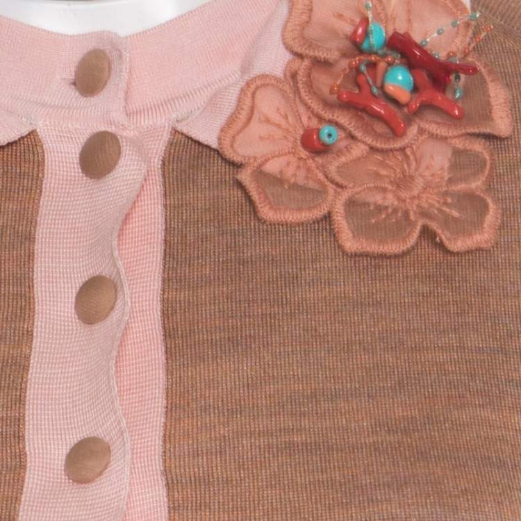 Pre Owned Louis Vuitton Beige Silk Knit Floral and Bead Applique Polo T-Shirt Dress L