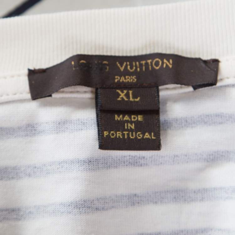 Pre Owned Louis Vuitton White and Navy Blue Striped Jersey Short Sleeve T-Shirt XL