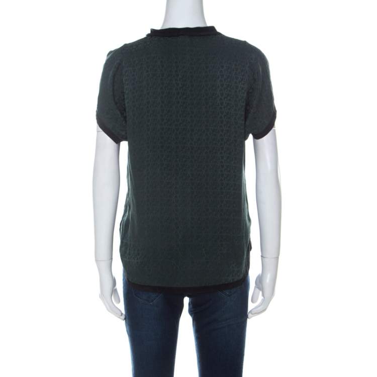 مملوكة مسبقًا Louis Vuitton Green Monogram Embossed Silk Tie Neck Short Sleeve Top M