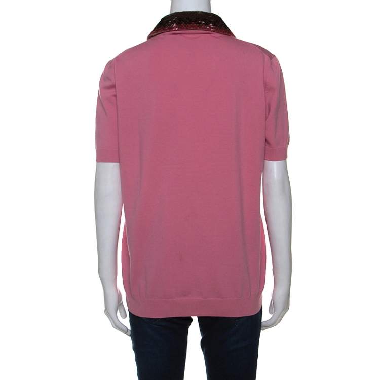Pre Owned Louis Vuitton Pink Knit Sequin Embellished Detachable Collar Top L