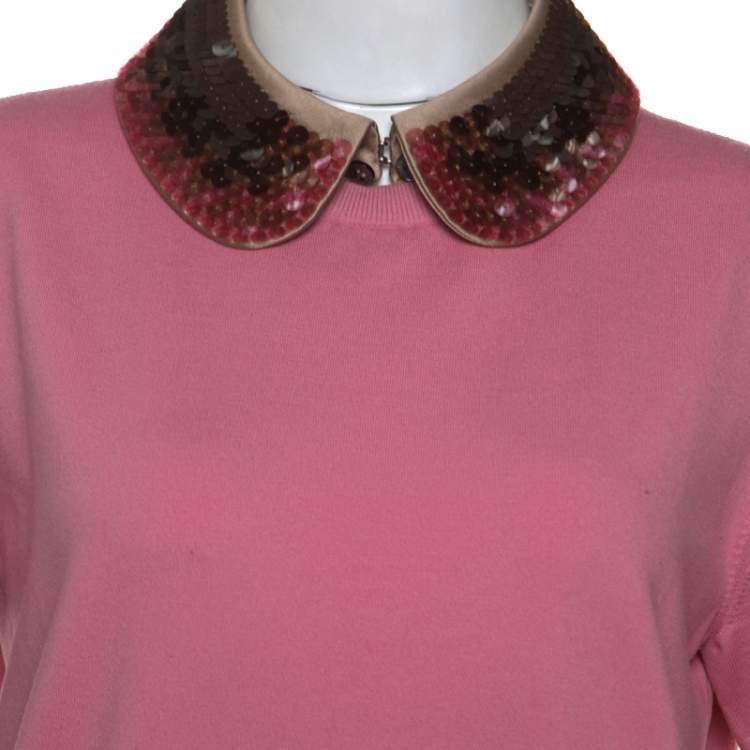 Pre Owned Louis Vuitton Pink Knit Sequin Embellished Detachable Collar Top L