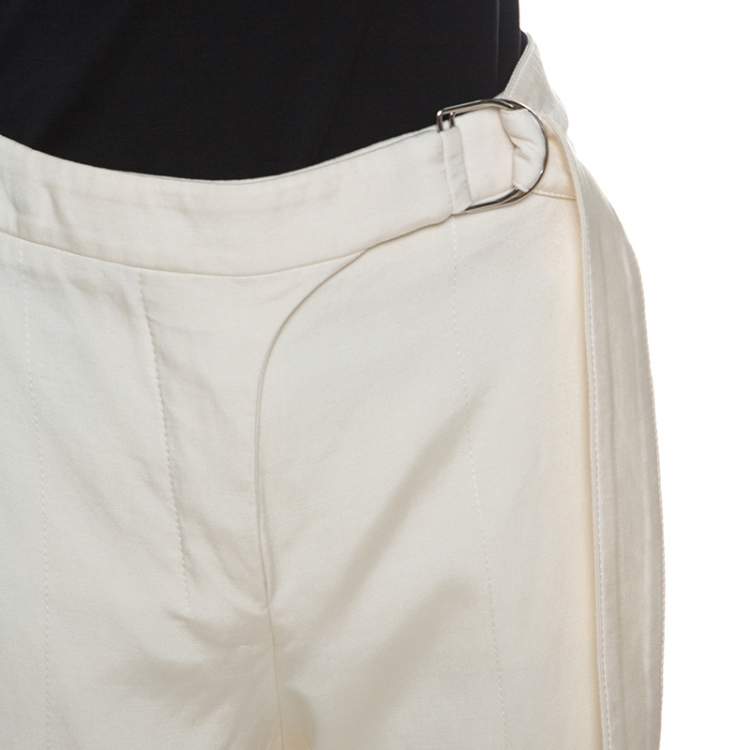 Pre Owned Louis Vuitton Cream Wool and Silk Blend Belted Trousers M