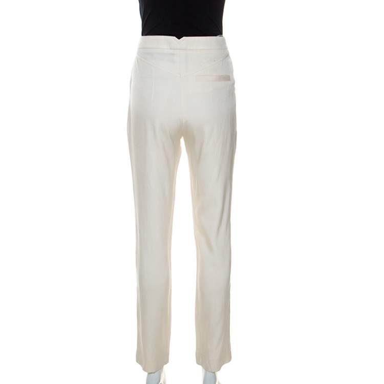 Pre Owned Louis Vuitton Cream Wool and Silk Blend Belted Trousers M