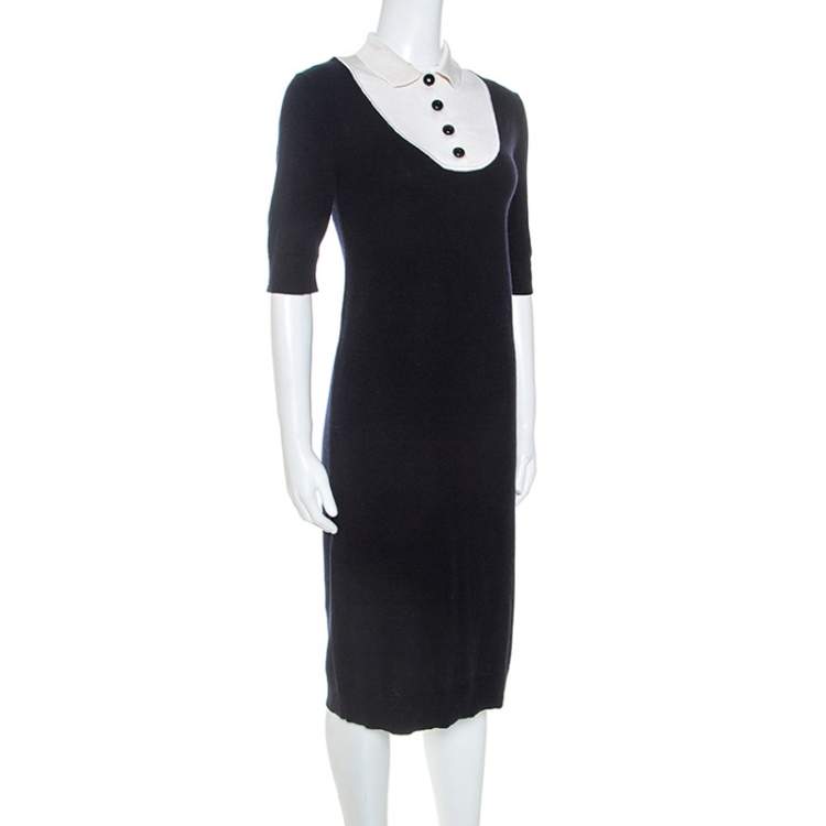 Pre Owned Louis Vuitton Midnight Cashmere Blue Contrast Collar Dress S