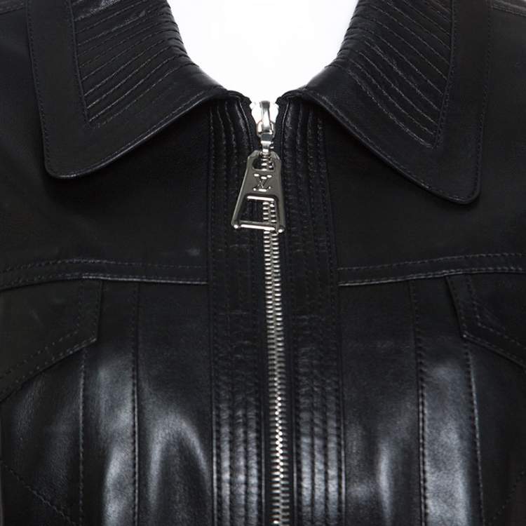 Pre Owned Louis Vuitton Black Leather Cropped Zip Front Jacket M