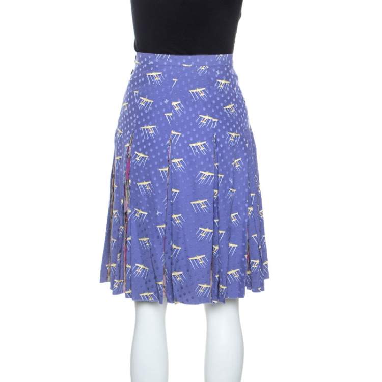 Pre Owned Louis Vuitton Purple Printed Polka Dot Silk Pleated Skirt M