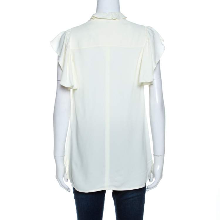 Pre Owned Louis Vuitton Off White Crepe Keyhole Neck Tie Detail Top M