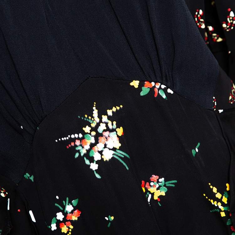 Pre Owned Louis Vuitton Black Floral Print Crepe Ruffled Dress M