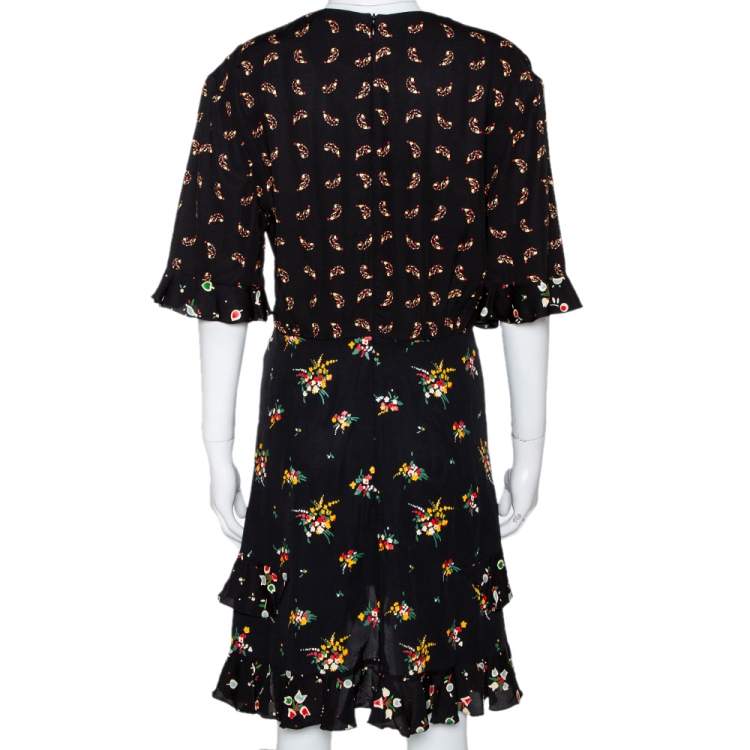 Pre Owned Louis Vuitton Black Floral Print Crepe Ruffled Dress M