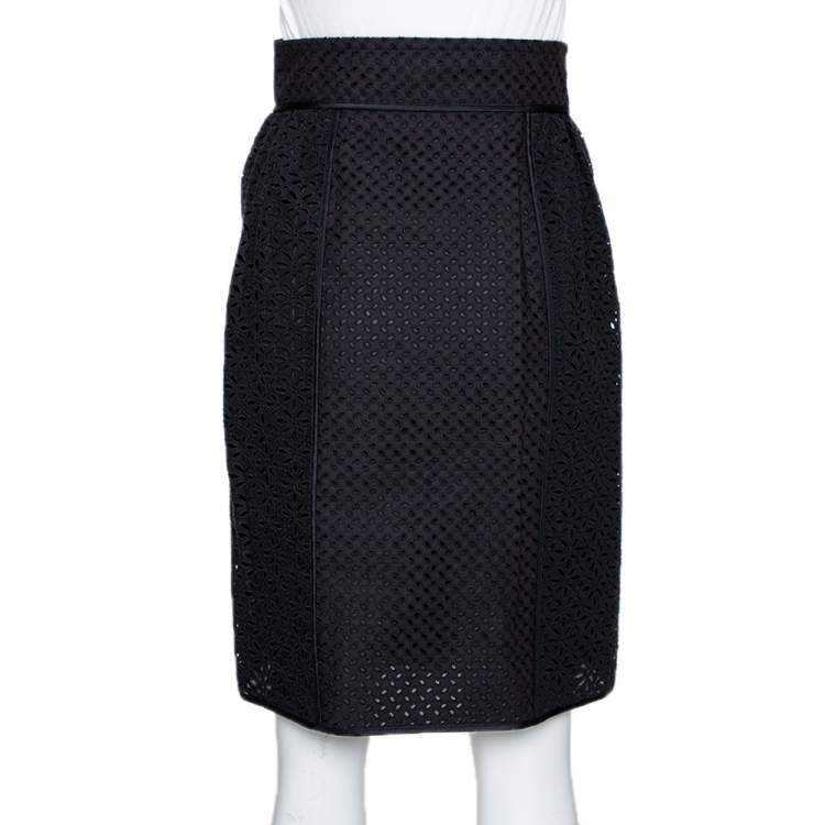 Pre Owned Louis Vuitton Black Cotton & Silk Lace Paneled Fitted Skirt S