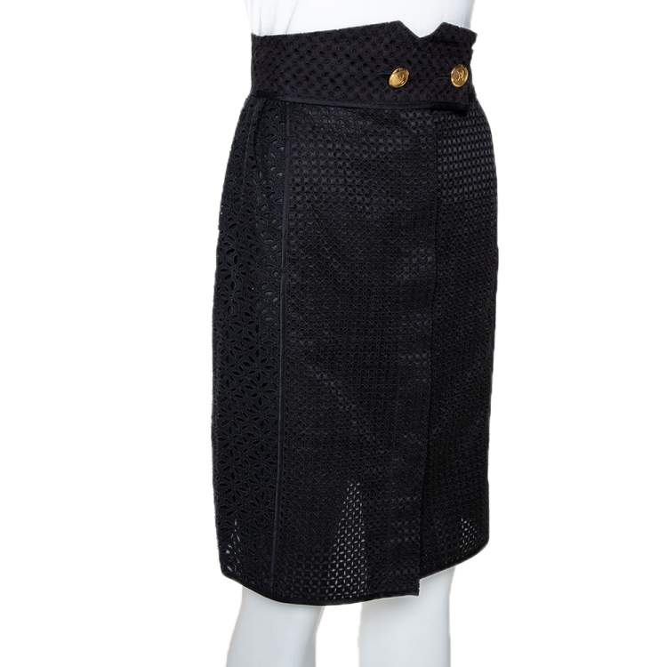 Pre Owned Louis Vuitton Black Cotton & Silk Lace Paneled Fitted Skirt S