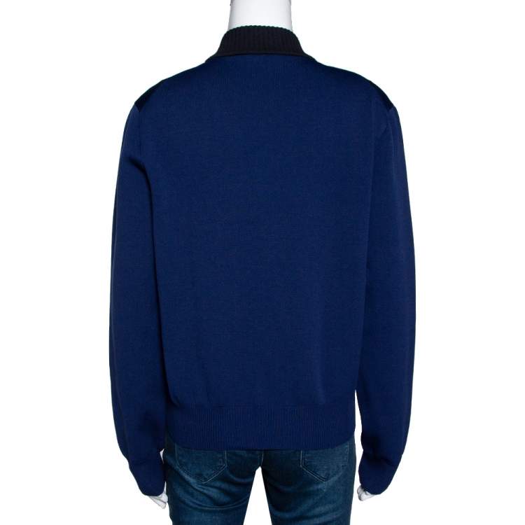 Pre Owned Louis Vuitton Navy & Black Wool Blend Zip Front Cardigan L