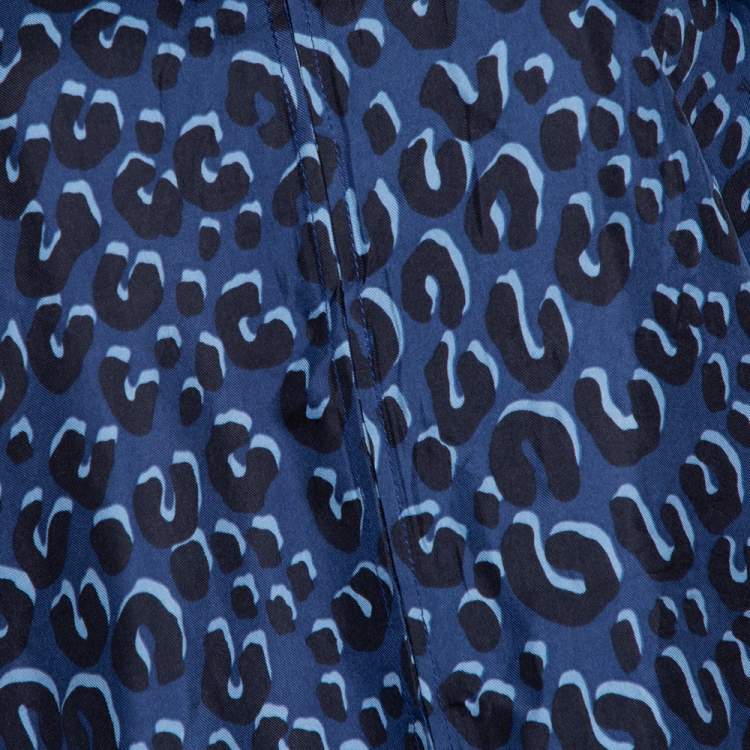 Pre Owned Louis Vuitton Dark Blue Leopard Print Silk Contrast Trim Blouse L