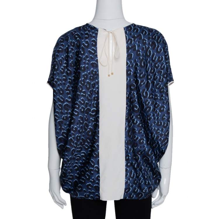Pre Owned Louis Vuitton Dark Blue Leopard Print Silk Contrast Trim Blouse L