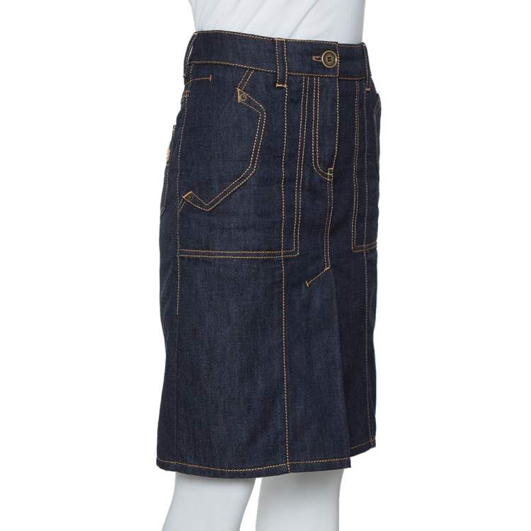 Pre Owned Louis Vuitton Dark Blue Denim Pleat Detail Skirt S