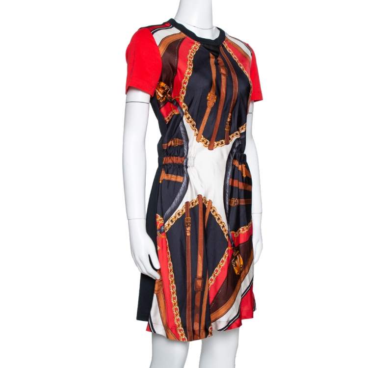 Pre Owned Louis Vuitton Black & Red Chain Link Print Silk Crew Neck Dress XS