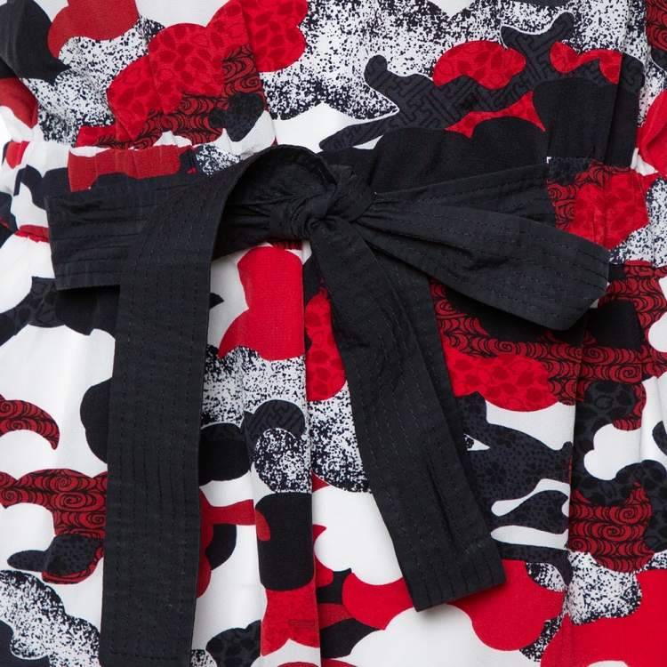 Pre Owned Louis Vuitton Red Printed Silk & Cotton Tie Front Dress M