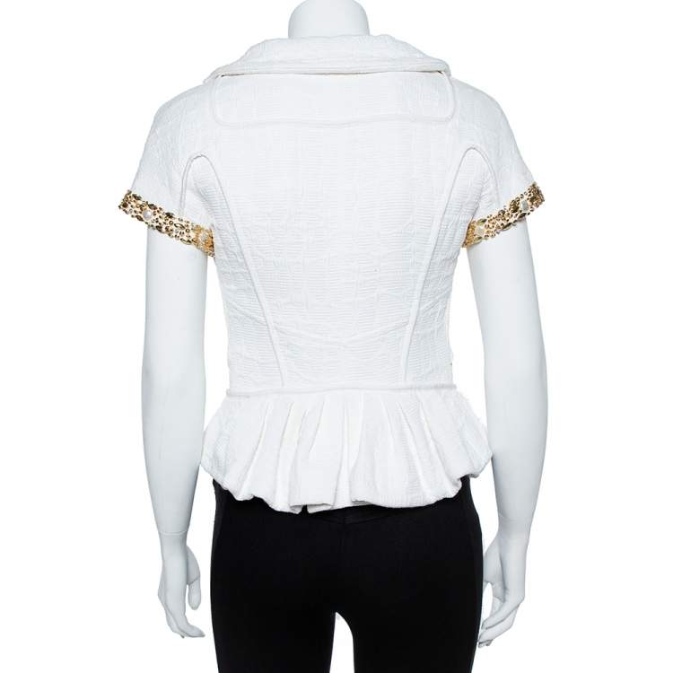 Pre Owned Louis Vuitton White Cotton Blend Jewel and Pearl Embellished Short Sleeve Jacket M
