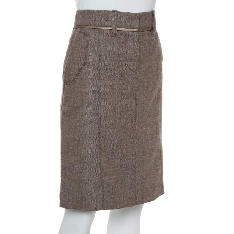 Pre Owned Louis Vuitton Beige Wool Herringbone Pencil Skirt M