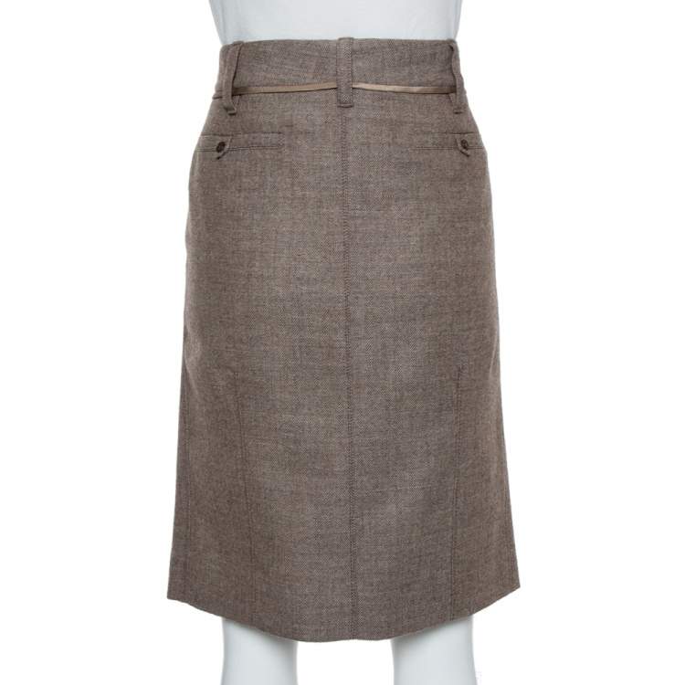 Pre Owned Louis Vuitton Beige Wool Herringbone Pencil Skirt M