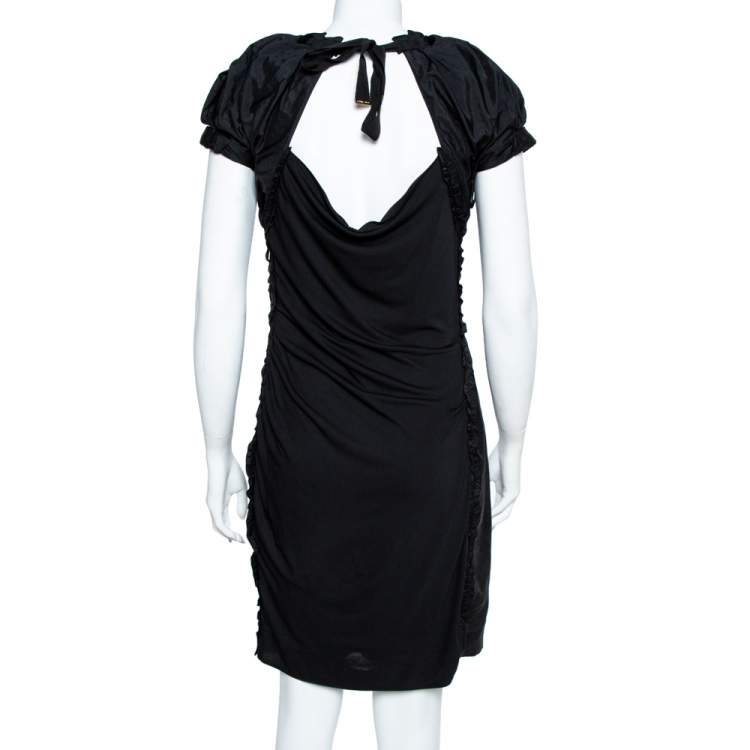 Pre Owned Louis Vuitton Black Jersey Ruffle Trim Ruched Dress M