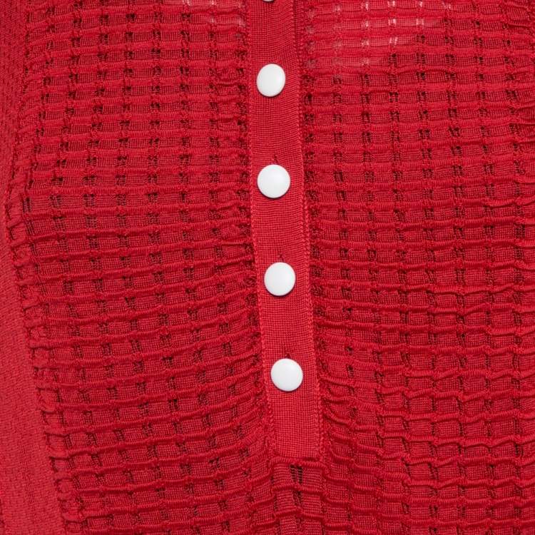 Pre Owned Louis Vuitton Red Rib Silk Knit Cinched Waist Dress L