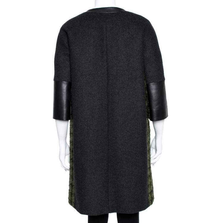 Pre Owned Louis Vuitton Green Tweed & Leather Trim Coat M