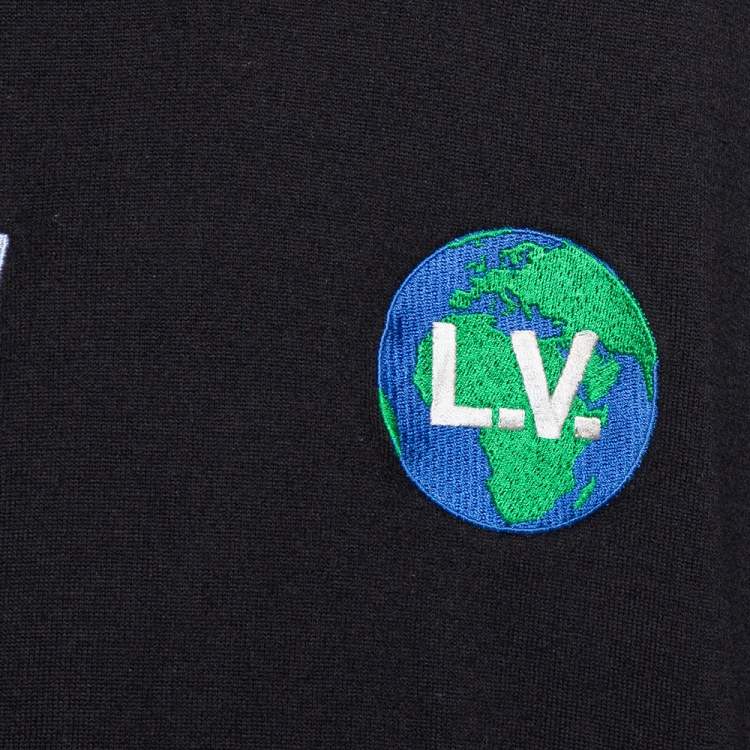 Pre Owned Louis Vuitton Black Logo Embroidered Wool Crewneck Sweatshirt M