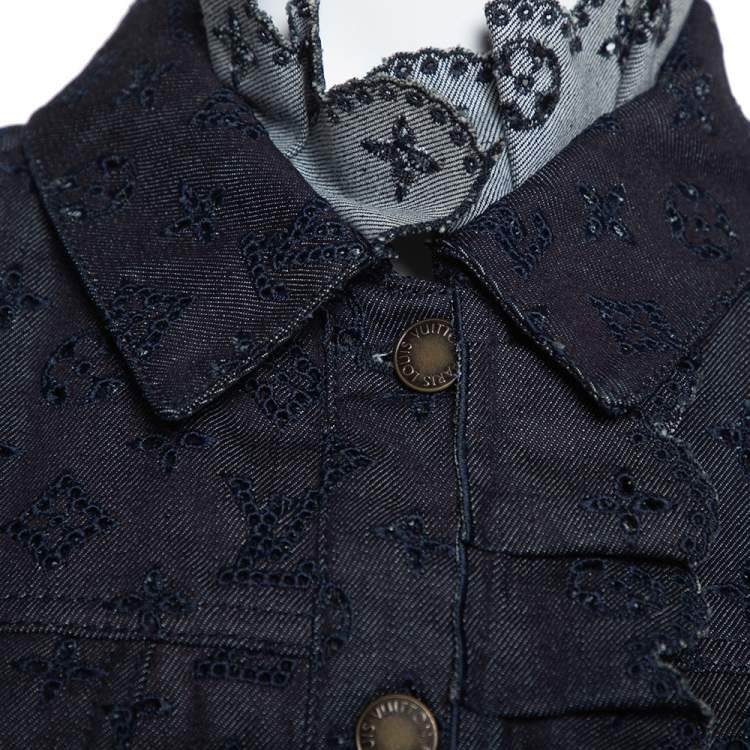 Pre Owned Louis Vuitton Indigo Monogram Eyelet Embroidered Denim Short Sleeve Shirt M