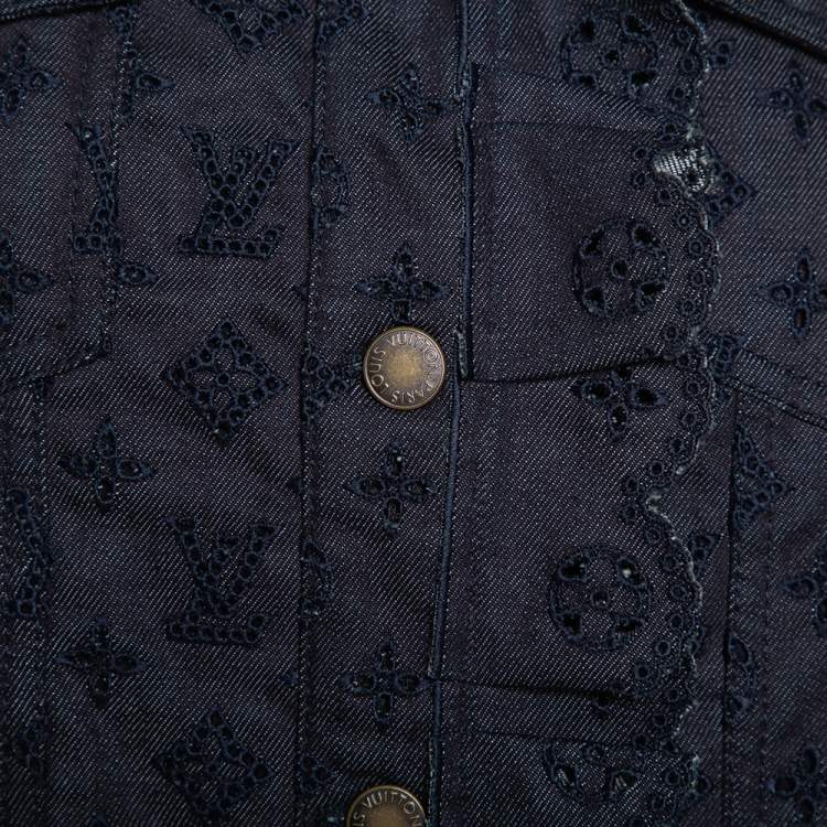 Pre Owned Louis Vuitton Indigo Monogram Eyelet Embroidered Denim Short Sleeve Shirt M