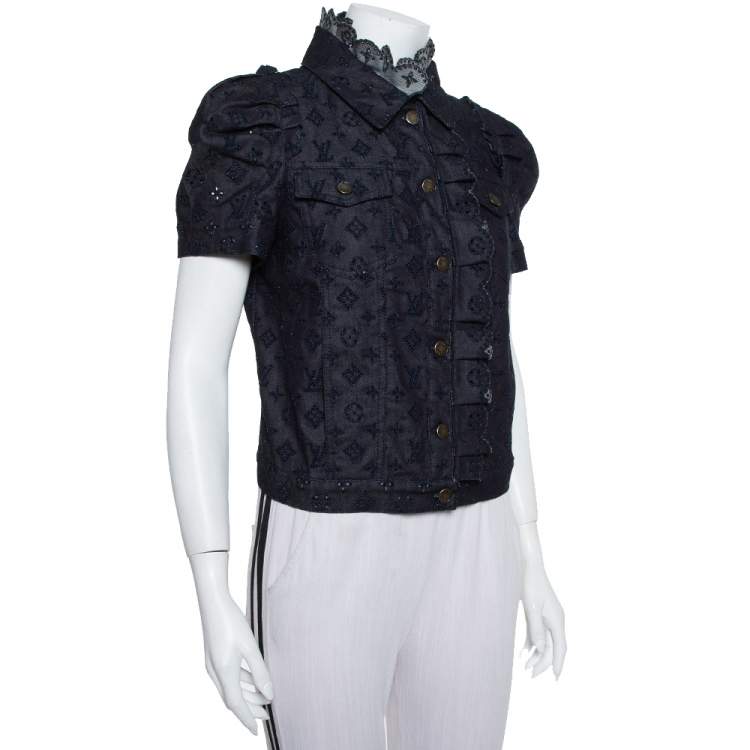 Pre Owned Louis Vuitton Indigo Monogram Eyelet Embroidered Denim Short Sleeve Shirt M