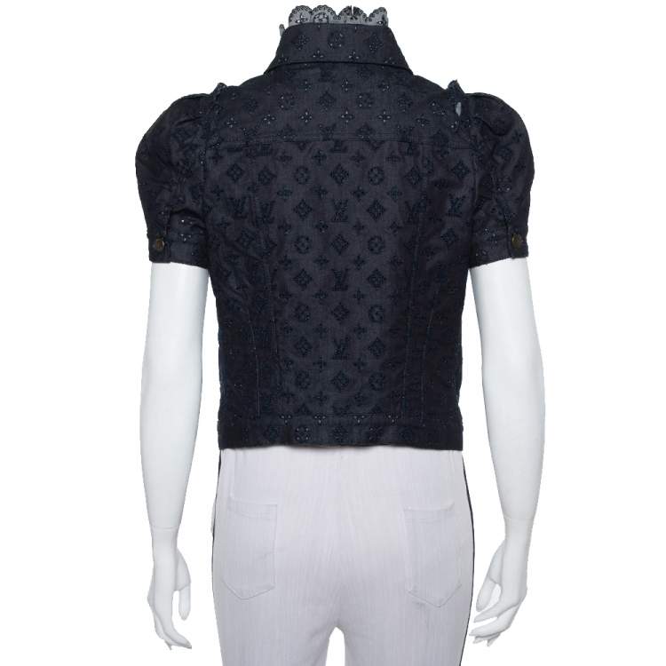 Pre Owned Louis Vuitton Indigo Monogram Eyelet Embroidered Denim Short Sleeve Shirt M