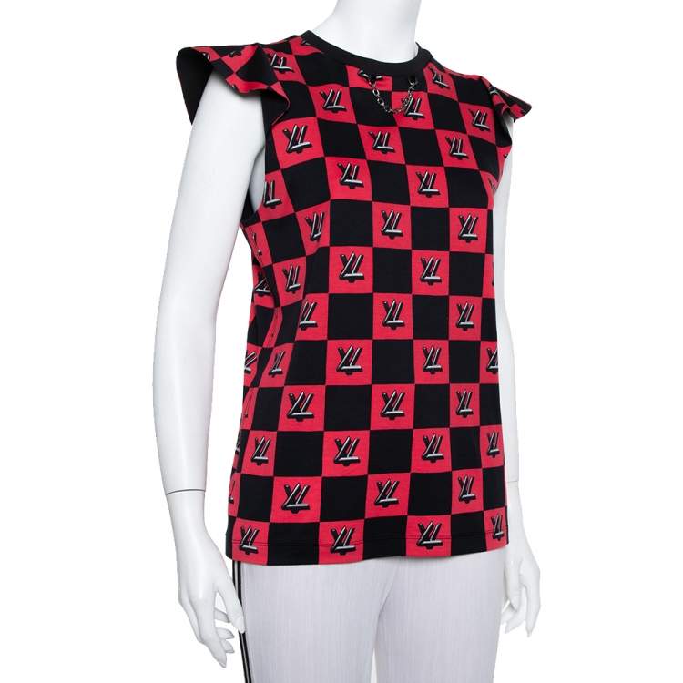 Pre Owned Louis Vuitton Black & Pink Logo Checkered Knit Sleeveless Top M