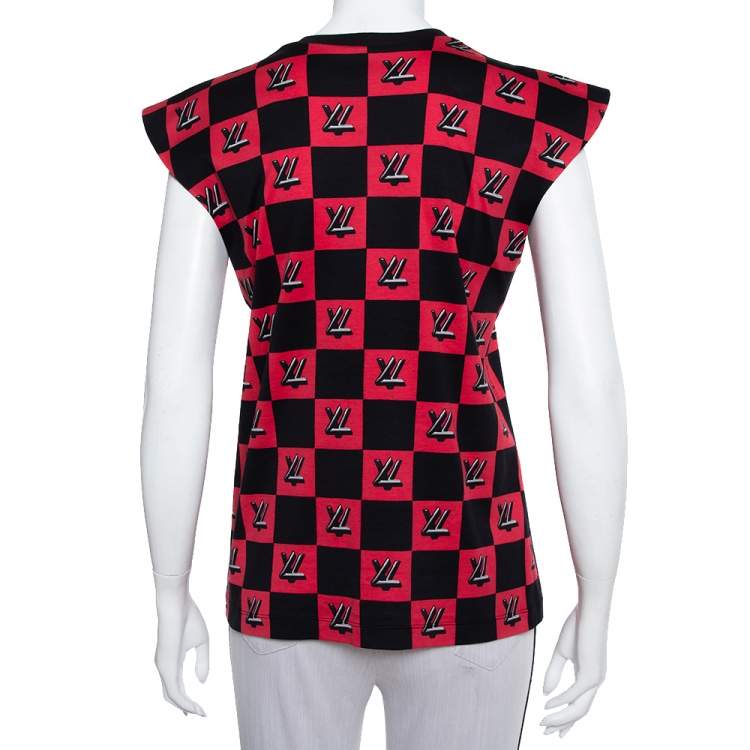 Pre Owned Louis Vuitton Black & Pink Logo Checkered Knit Sleeveless Top M