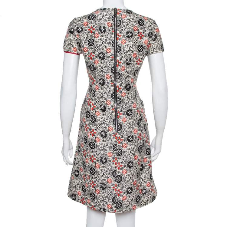 Pre Owned Louis Vuitton Cream Wool & Silk Logo Monogram Shift Dress M