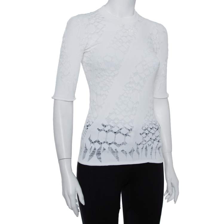 Pre Owned Louis Vuitton White Lace Knit Crewneck Top S