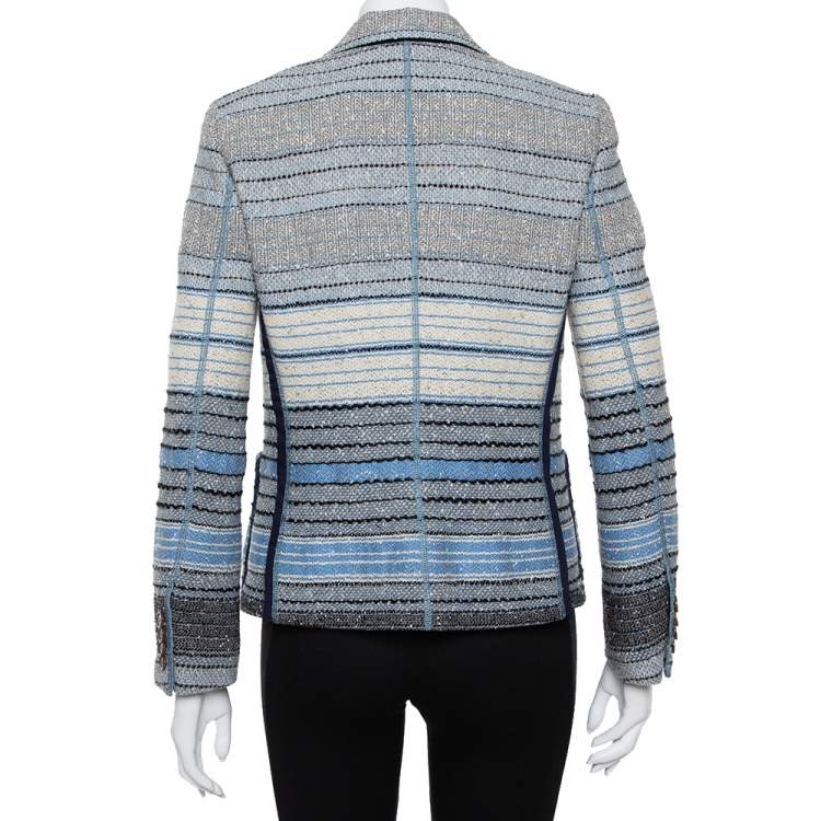 Pre Owned Louis Vuitton Navy Blue Striped Wool Tweed Button Front Blazer M