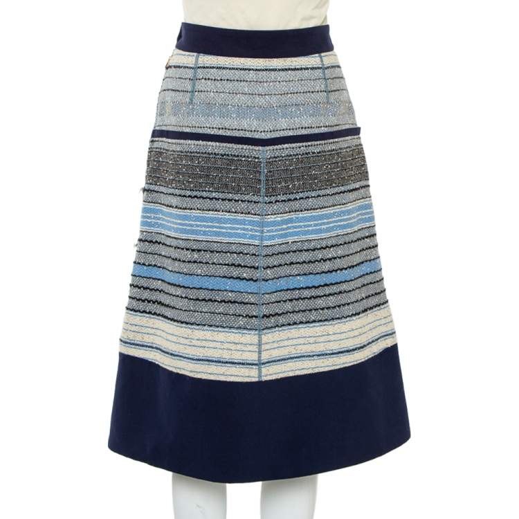 Pre Owned Louis Vuitton Navy Blue Striped Wool Tweed Knee Length Skirt M