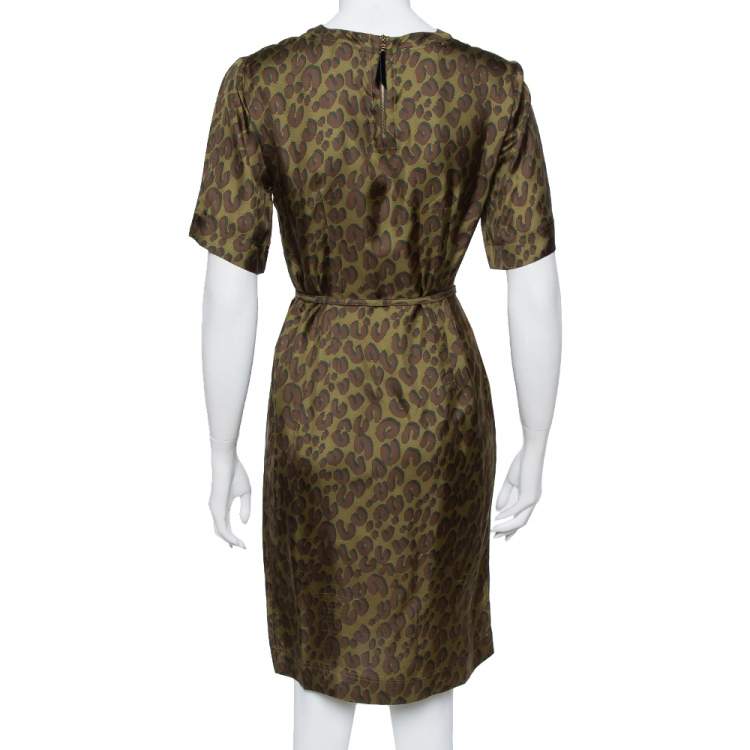 Pre Owned Louis Vuitton Dark Green Printed Silk Belted Shift Dress S