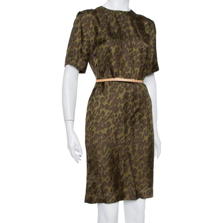 Pre Owned Louis Vuitton Dark Green Printed Silk Belted Shift Dress S