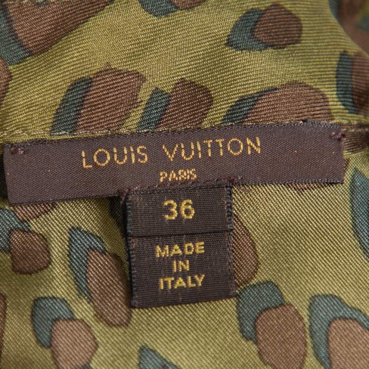 Pre Owned Louis Vuitton Dark Green Printed Silk Belted Shift Dress S