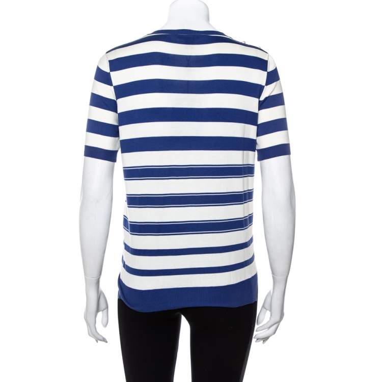 Pre Owned Louis Vuitton Blue & White Striped Cotton Shoulder Button Detail Top XS
