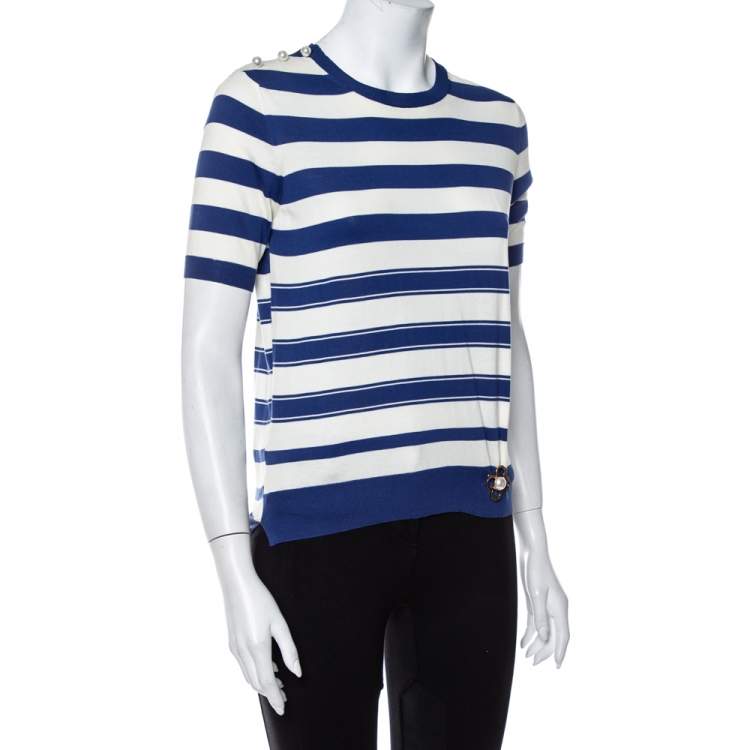 Pre Owned Louis Vuitton Blue & White Striped Cotton Shoulder Button Detail Top XS