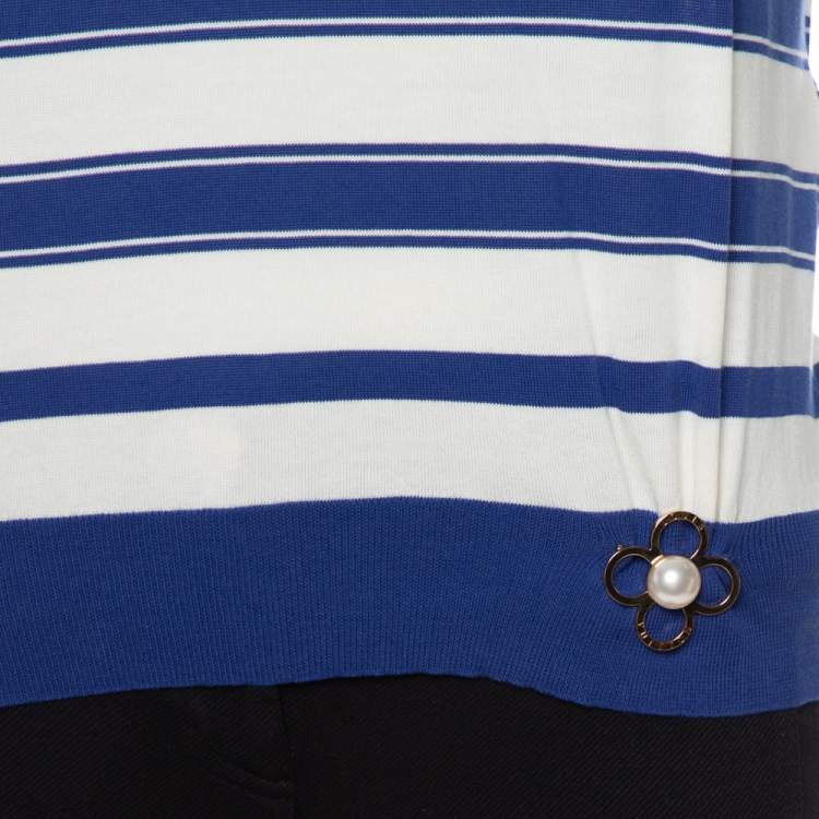 Pre Owned Louis Vuitton Blue & White Striped Cotton Shoulder Button Detail Top XS
