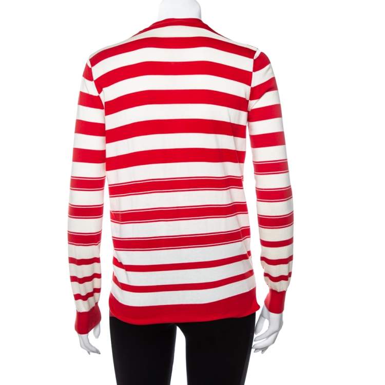 Pre Owned Louis Vuitton Red & Cream Striped Cotton Knit Pearl Button Front Cardigan XS
