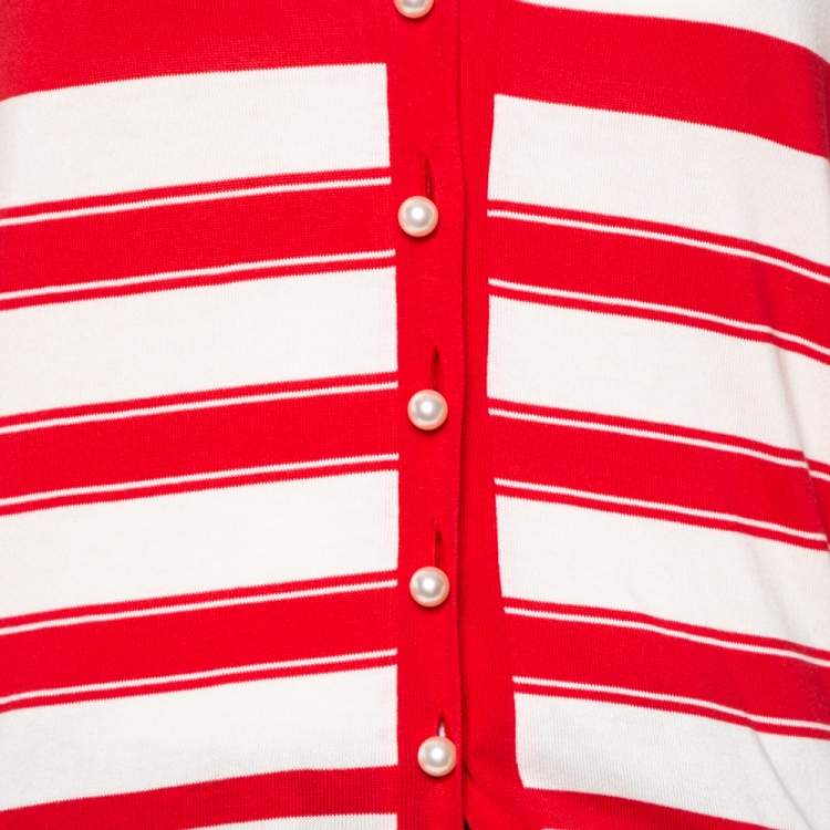 Pre Owned Louis Vuitton Red & Cream Striped Cotton Knit Pearl Button Front Cardigan XS